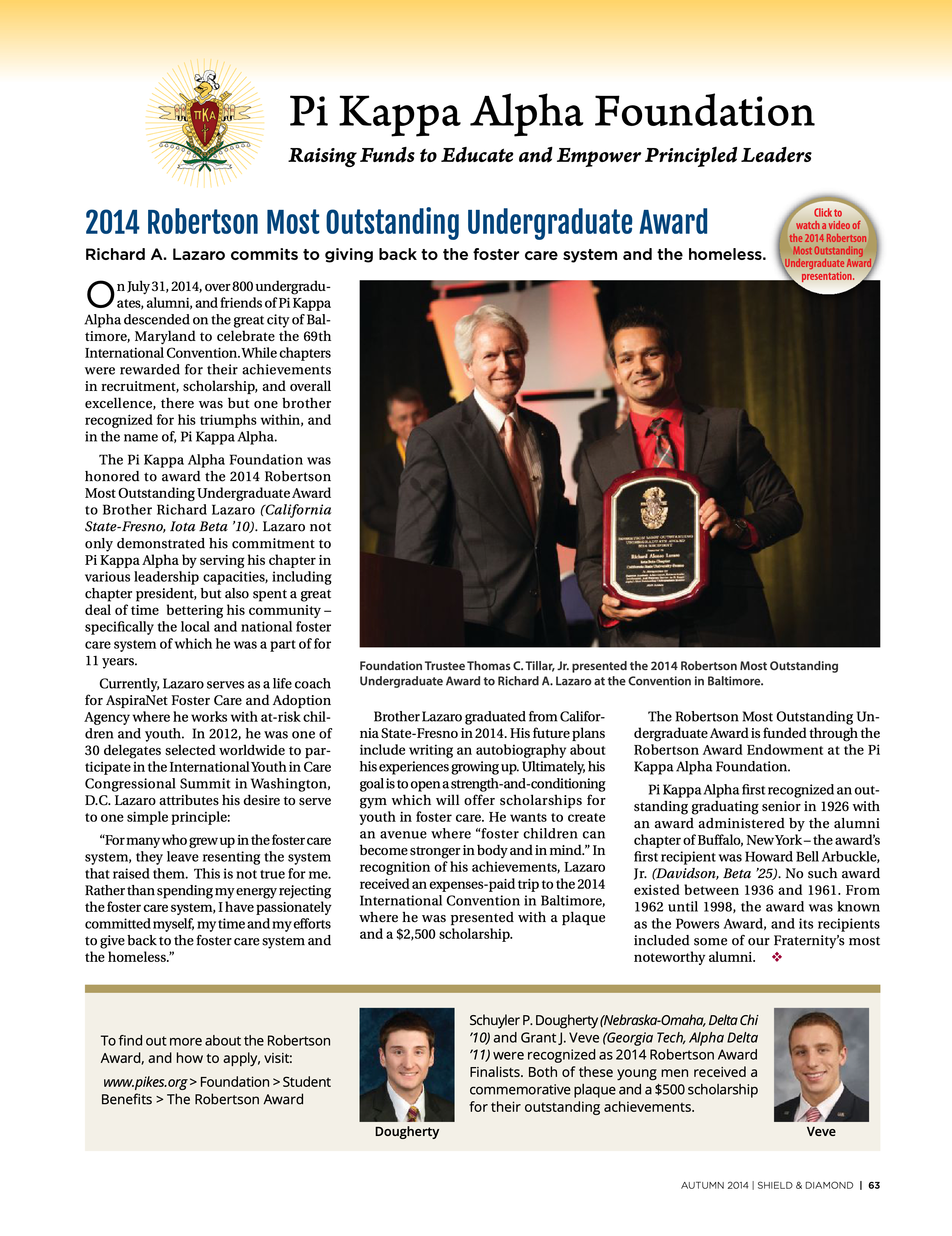 Pi Kappa Alpha Foundation: 2014 Robertson Most Outstanding Undergraduate Award